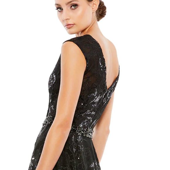 MAC DUGGAL12413 EMBROIDERED EMBELLISHED WAIST CAP SLEEVE A-LINE BLACK GOWN sz 12 - Picture 5 of 7